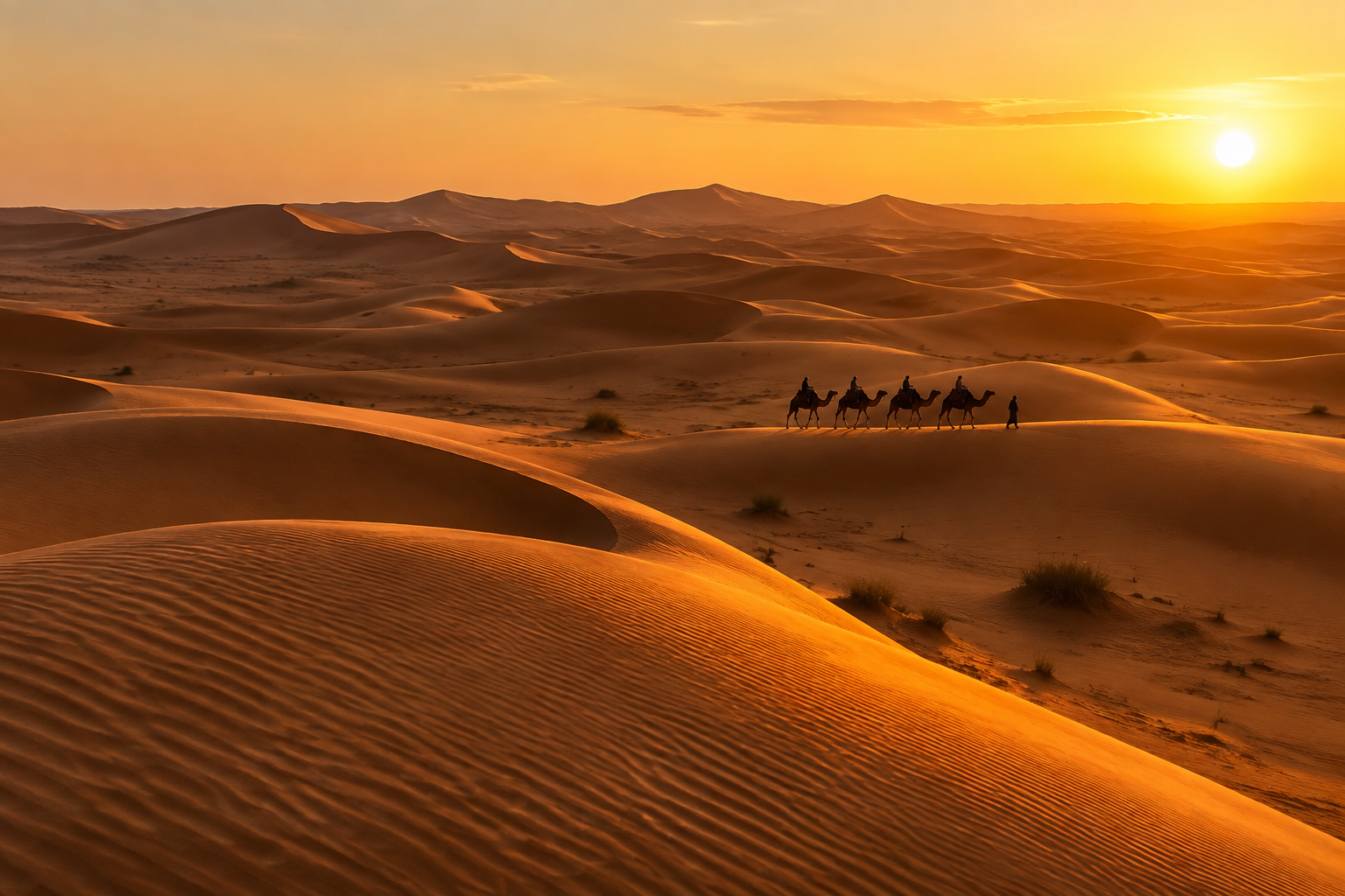 Dunes du Sahara marocain au coucher du soleil