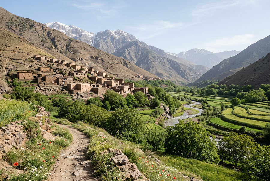 Vallée et village de l’Atlas, image de synthèse d’inspiration
